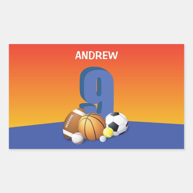 Adesivo Retangular Garoto 9º Aniversário de Esportes (Frente)