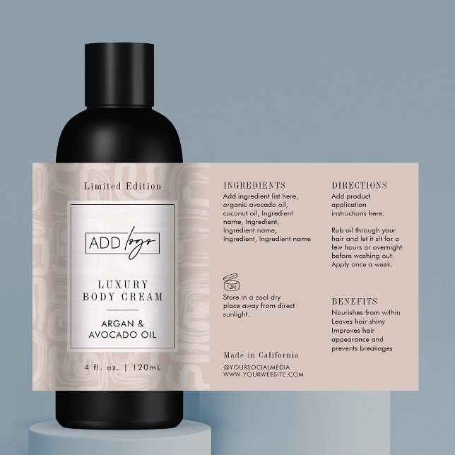 Adesivo Retangular Garrafa Cosmética Bege Neutro Boêmia Logo 4OZ (Modern boho style cosmo bottle wraparound label template)