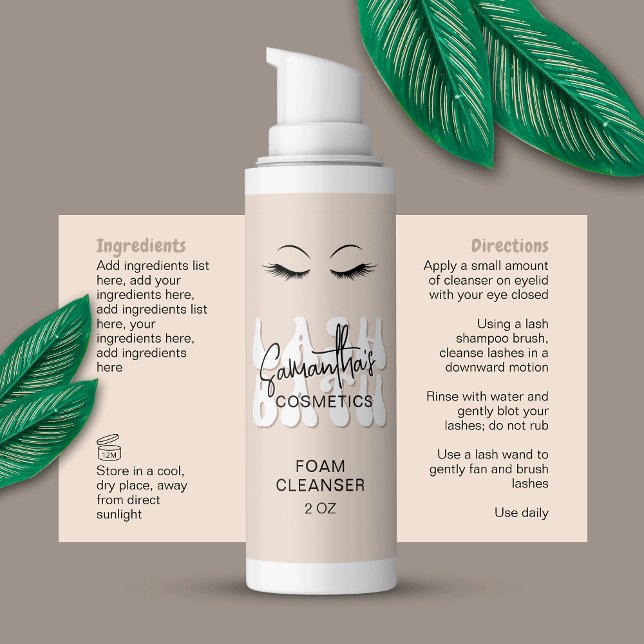 Adesivo Retangular Garrafa de espuma do limpador de extensões retrorr (Trendy beige & white lash bath foam bottles stickers with space for ingredients & directions)