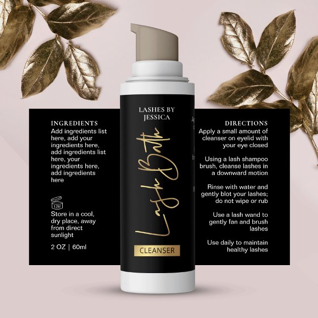 Adesivo Retangular Garrafa de espuma do limpador do banho preto Doura (Elegant black and gold lash bath foam bottle wrap around label with ingredients & directions)