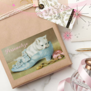 Adesivo Retangular Gatinho branco fofo vintage em um sapato de cetim