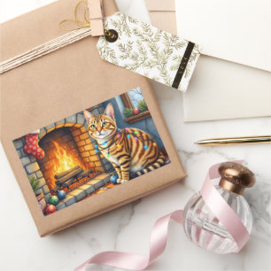 Adesivo Retangular Gato Bengal lareira com luzes de Natal