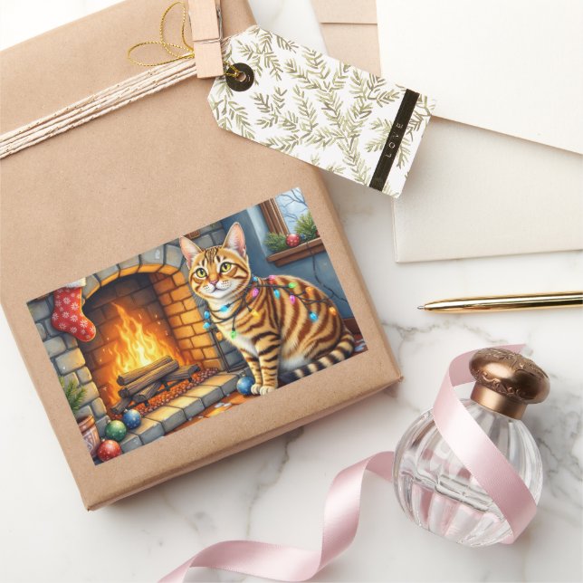 Adesivo Retangular Gato Bengal lareira com luzes de Natal (Presentear)