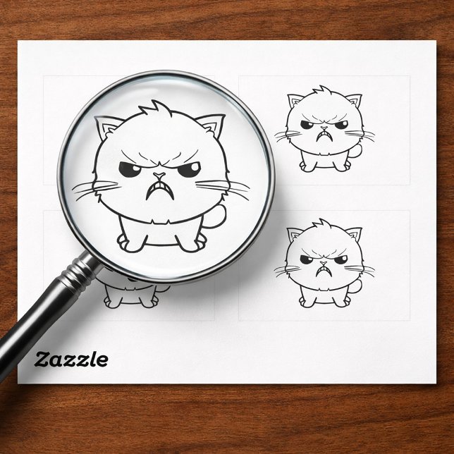 Adesivo Retangular Gato bravo bonito cantando. (Cute Angry hissing Cat Line Art Illustration. Rectangular Sticker)