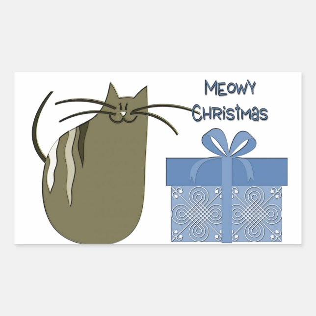 Adesivo Retangular Gato de Cinza de Natal com Presente Azul (Frente)