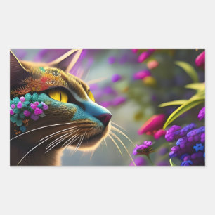 Adesivo Retangular Gato de flor da fantasia bonito