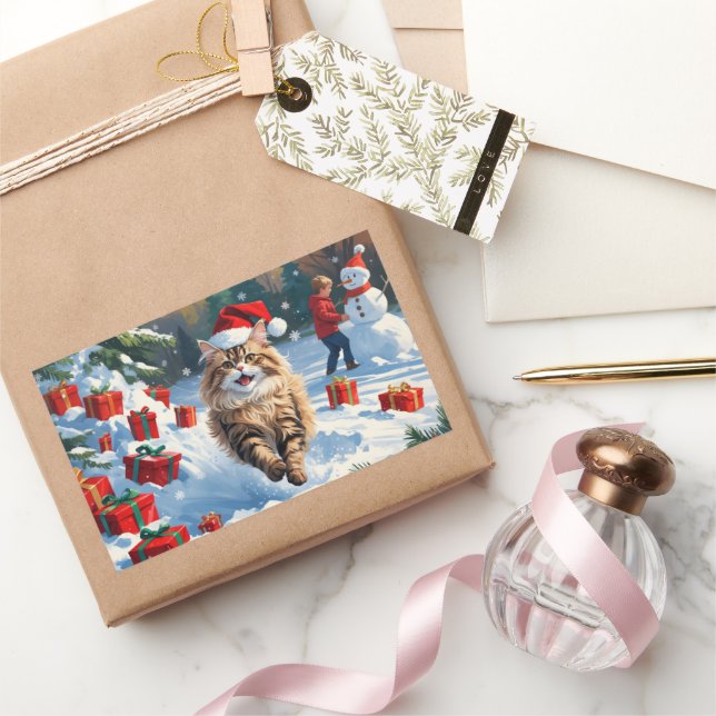 Adesivo Retangular Gato Persa Sentado em Neve com Chapéu de Natal (Presentear)