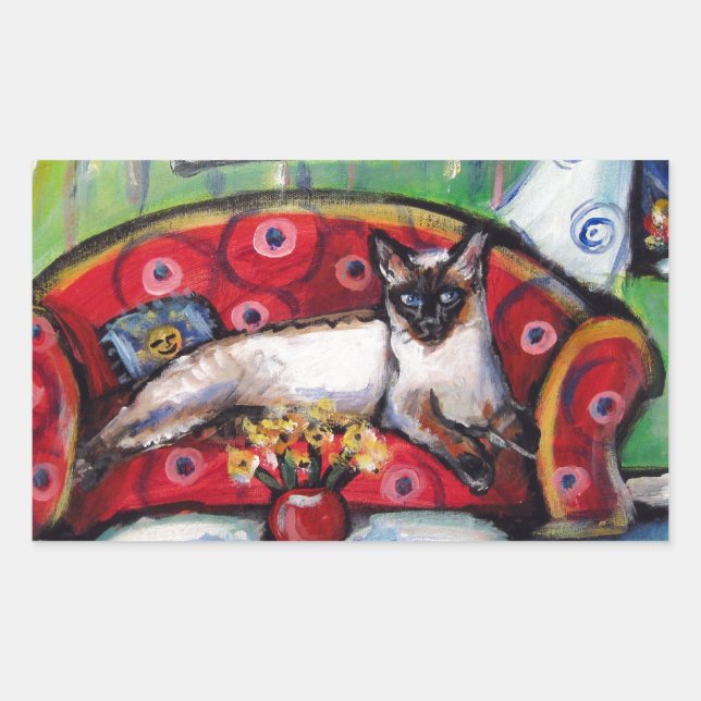 Adesivo Retangular Gato siamês sente sorrindo pintura de gato-da-lua (Frente)