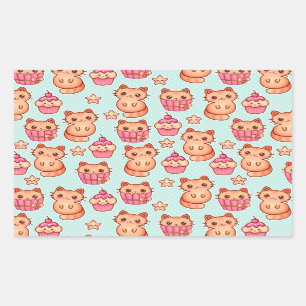 Adesivo Retangular Gatos Cute de Kawaii Cupcakes Rosa e Padrão Azul