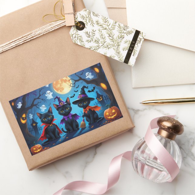 Adesivo Retangular Gatos Negros Pumpkin Halloween Engraçado (Presentear)