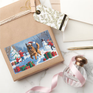 Adesivo Retangular German shepherd correndo em neve com chapéu de Nat