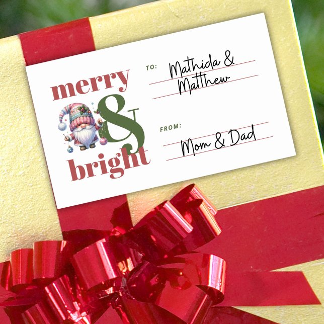 Adesivo Retangular Gnomo Alegre e Brilhante De e Para Natal (To & From Merry & Bright Gnome Red Green Christmas Rectangular Sticker)