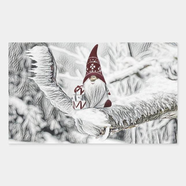 Adesivo Retangular Gnomos na pintura a aquarela da neve (Frente)