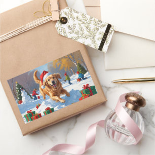 Adesivo Retangular Golden Retriever na Neve com Chapéu de Natal