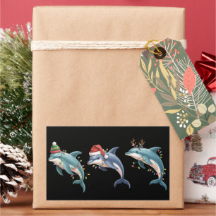 Adesivo Retangular Golfinho Amante do Natal Chapéu de Papai Noel Nata