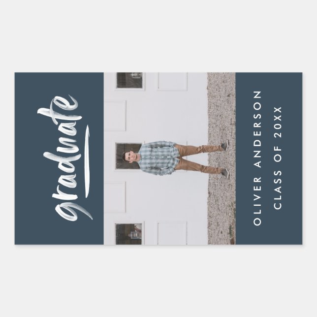Adesivo Retangular Graduação azul do marinho de fotografia de script  (Frente)
