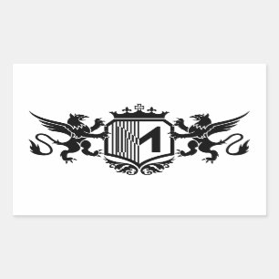 Adesivo Retangular Grifos ladeando um escudo com a letra "M"