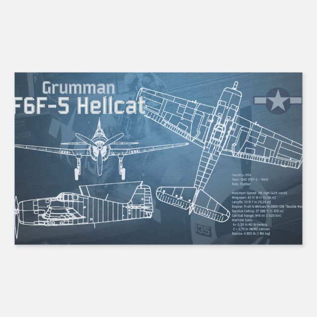 Adesivo Retangular Grumman F6F Hellcat Blueprint (Frente)