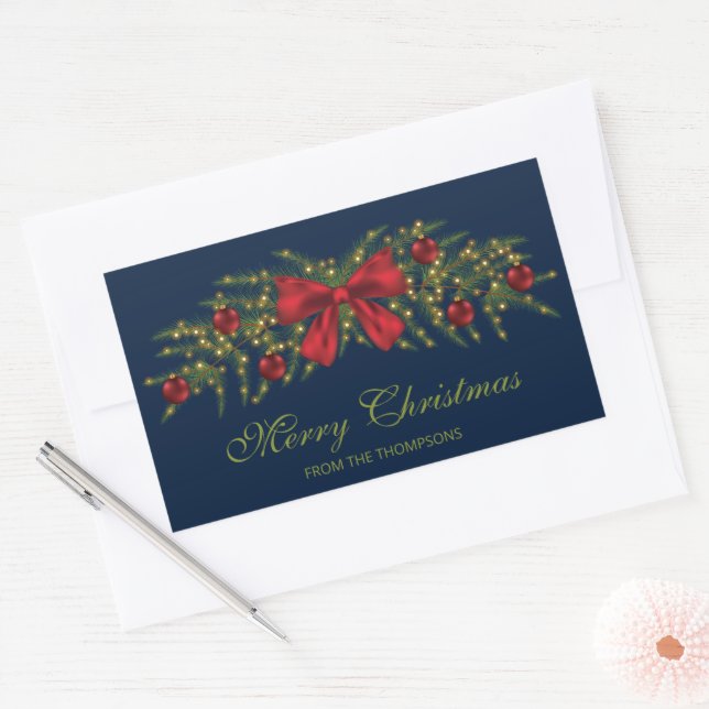 Adesivo Retangular Guirlanda de Natal Com Um Laço Vermelho e Enfeites (Envelope)