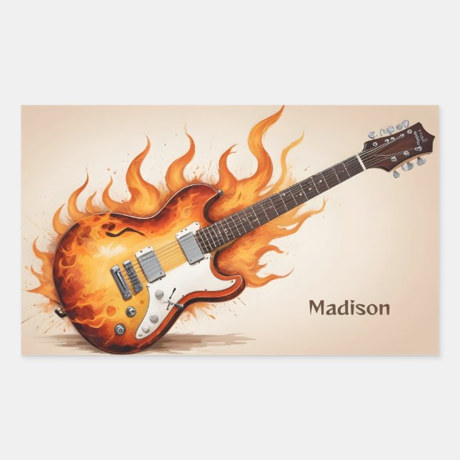 Adesivo Retangular Guitarra Flaming de Nome Personalizado (Frente)