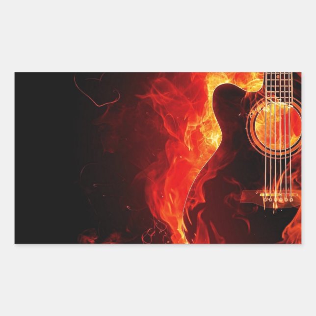 Adesivo Retangular Guitarra Queimando, Música de Chamas Laranjas Band (Frente)