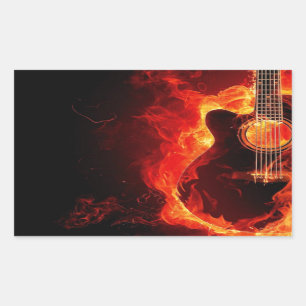 Adesivo Retangular Guitarra Queimando, Música de Chamas Laranjas Band