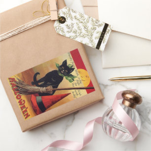 Adesivo Retangular Halloween Antigo por Ellen Clapsaddle, Gato Preto