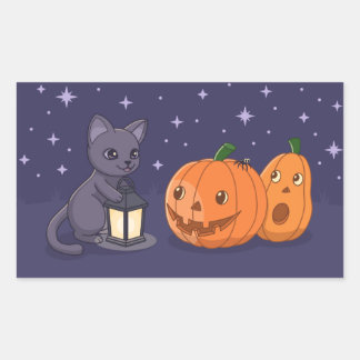 Adesivo Retangular Halloween Black Cat Pumpkins Lantern Purple