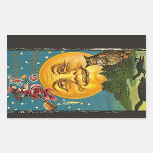 Adesivo Retangular Hallowe'en Saudações Vintage a Bruxa de Coruja de