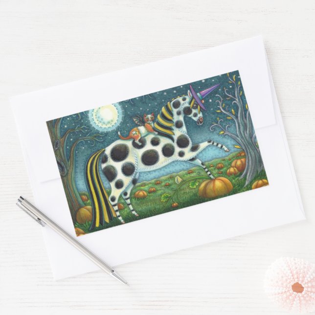 Adesivo Retangular HALLOWEEN SPONTTED PONY & BAT CAT Whimsical Horse (Envelope)