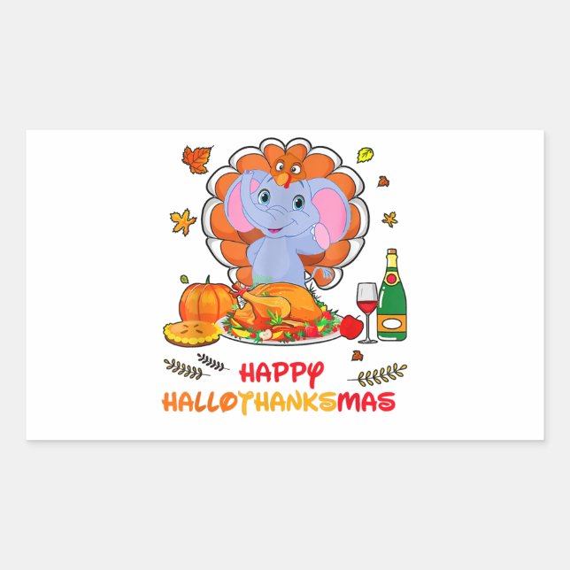 Adesivo Retangular Happy Hallo Elephant Bebendo Wine Obrigado, Presen (Frente)
