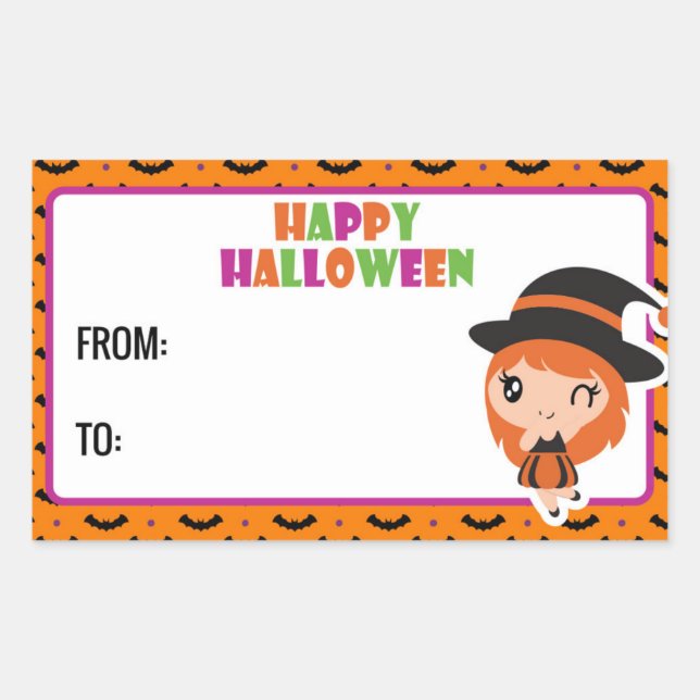 Adesivo Retangular Happy Halloween cute witch label 2 -orange (Frente)