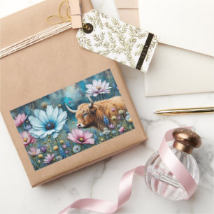 Adesivo Retangular Highland Cow Floral Colorida Cosmos Tapeçaria II