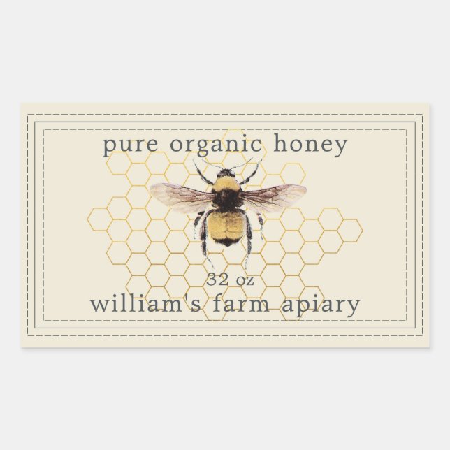 Adesivo Retangular Honey Jar Label Honeybee Apiary Antique White (Frente)