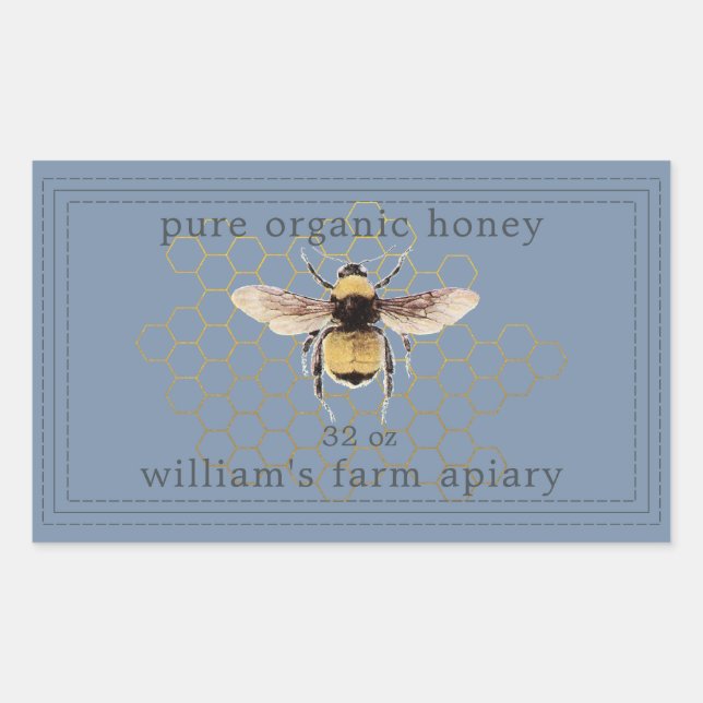 Adesivo Retangular Honey Jar Label Honeybee Apiary Dusty Blue (Frente)