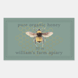 Adesivo Retangular Honey Jar Label Honeybee Apiary Dusty Green