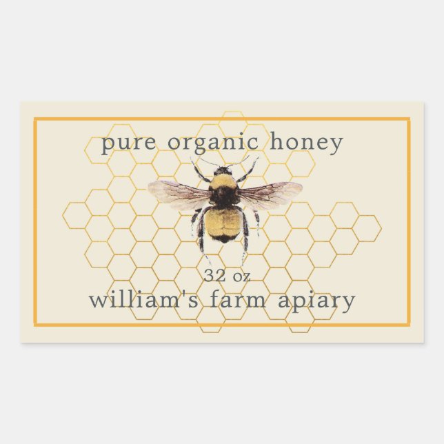 Adesivo Retangular Honey Jar Label Honeybee Apiary Honeycomb Antique (Frente)