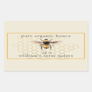 Adesivo Retangular Honey Jar Label Honeybee Apiary Honeycomb Antique