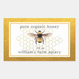 Adesivo Retangular Honey Jar Label Honeybee Apiary Honeycomb Dourado