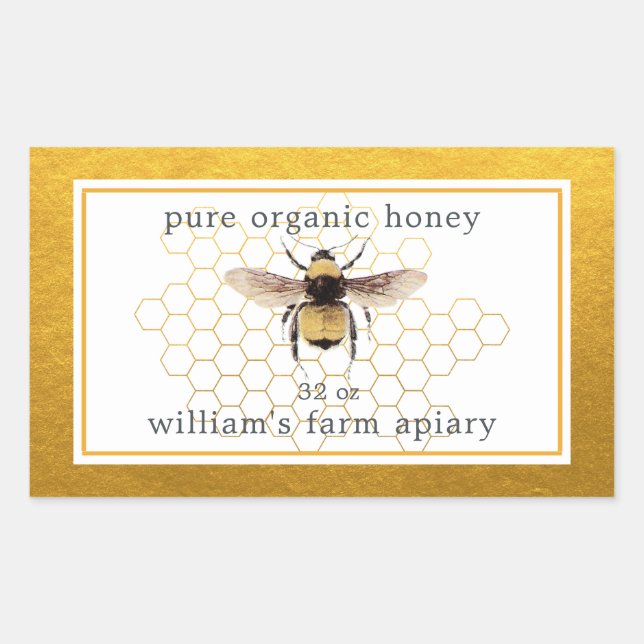 Adesivo Retangular Honey Jar Label Honeybee Apiary Honeycomb Dourado (Frente)