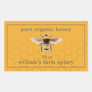 Adesivo Retangular Honey Jar Label Honeybee Apiary Honeycomb Yellow