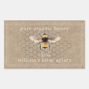 Adesivo Retangular Honey Jar Label Honeybee Apiary Kraft Paper