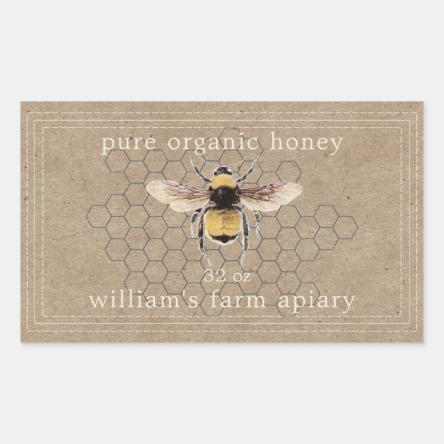 Adesivo Retangular Honey Jar Label Honeybee Apiary Kraft Paper (Frente)