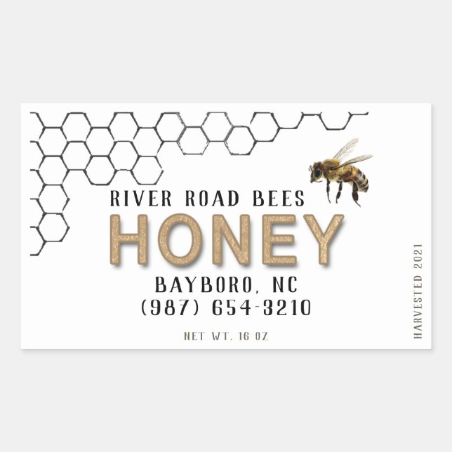 Adesivo Retangular Honeycomb e Bee Honey Label Kraft (Frente)