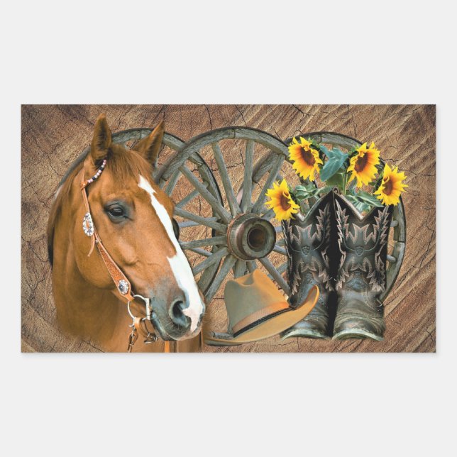 Adesivo Retangular Horse Cowboy Boots Vagão Girassol Roda Sunflower W (Frente)