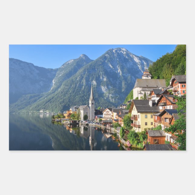 Adesivo Retangular Igreja e aldeia de Hallstatt, Áustria com Alpes (Frente)