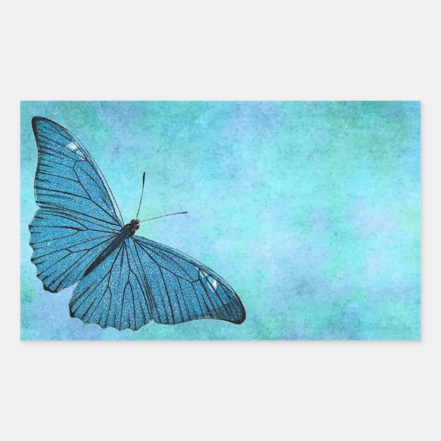 Adesivo Retangular Ilustração da Borboleta Azul-Teal Vintage da décad (Frente)