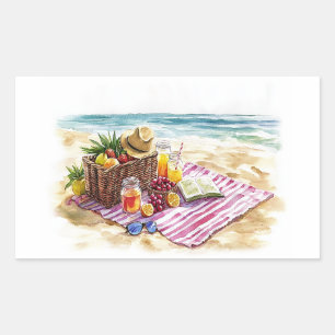 Adesivo Retangular Ilustração de Picnic Watercolor em Summer Beach - 