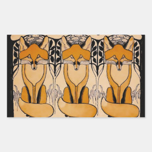 Adesivo Retangular Ilustração de Raposas Art Nouveau   Vida Selvagem 