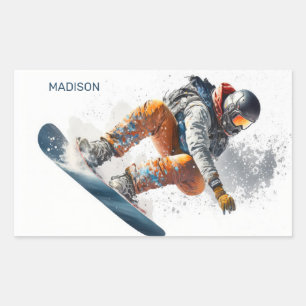 Adesivo Retangular Ilustração de Snowboarder de Nome Personalizado